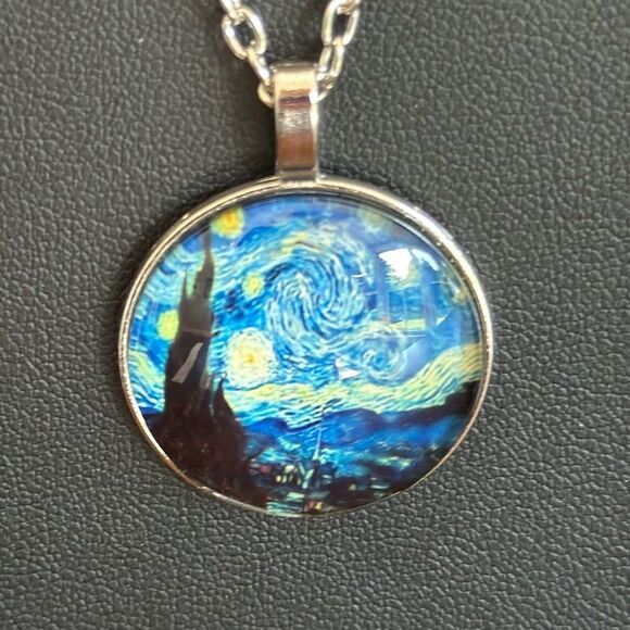 Starry Night Pendant Necklace – Van Gogh Art on 19.5” Silver Tone Chain - Picture 4 of 7